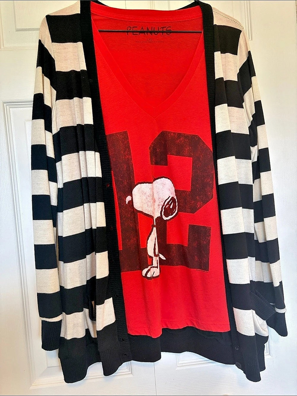 PEANUTS T & Snoopy Striped Cardigan Size Large